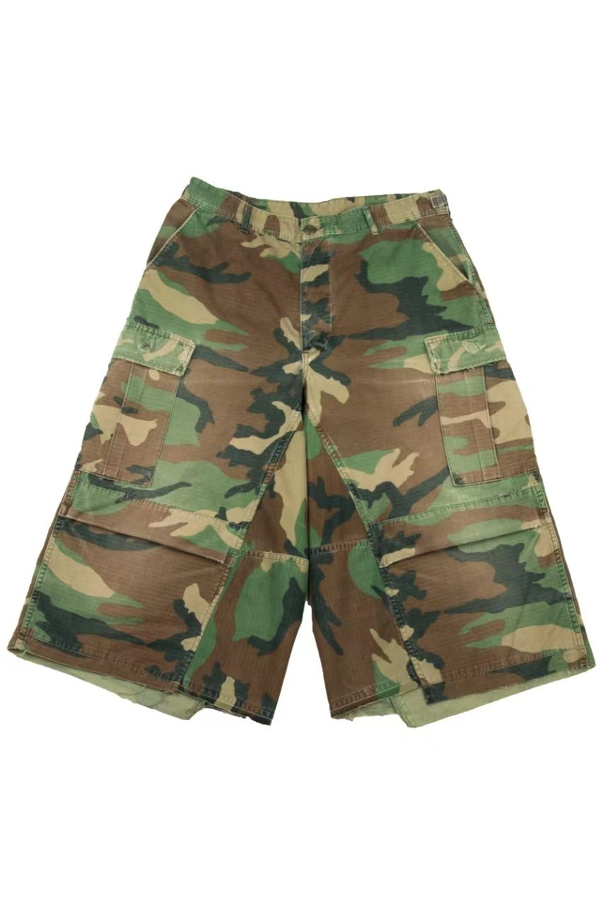 Pocket Camouflage Cargo Shorts Mens Raw edge Summer Safari Style Loose Wide leg Elastic Waist short pants Men